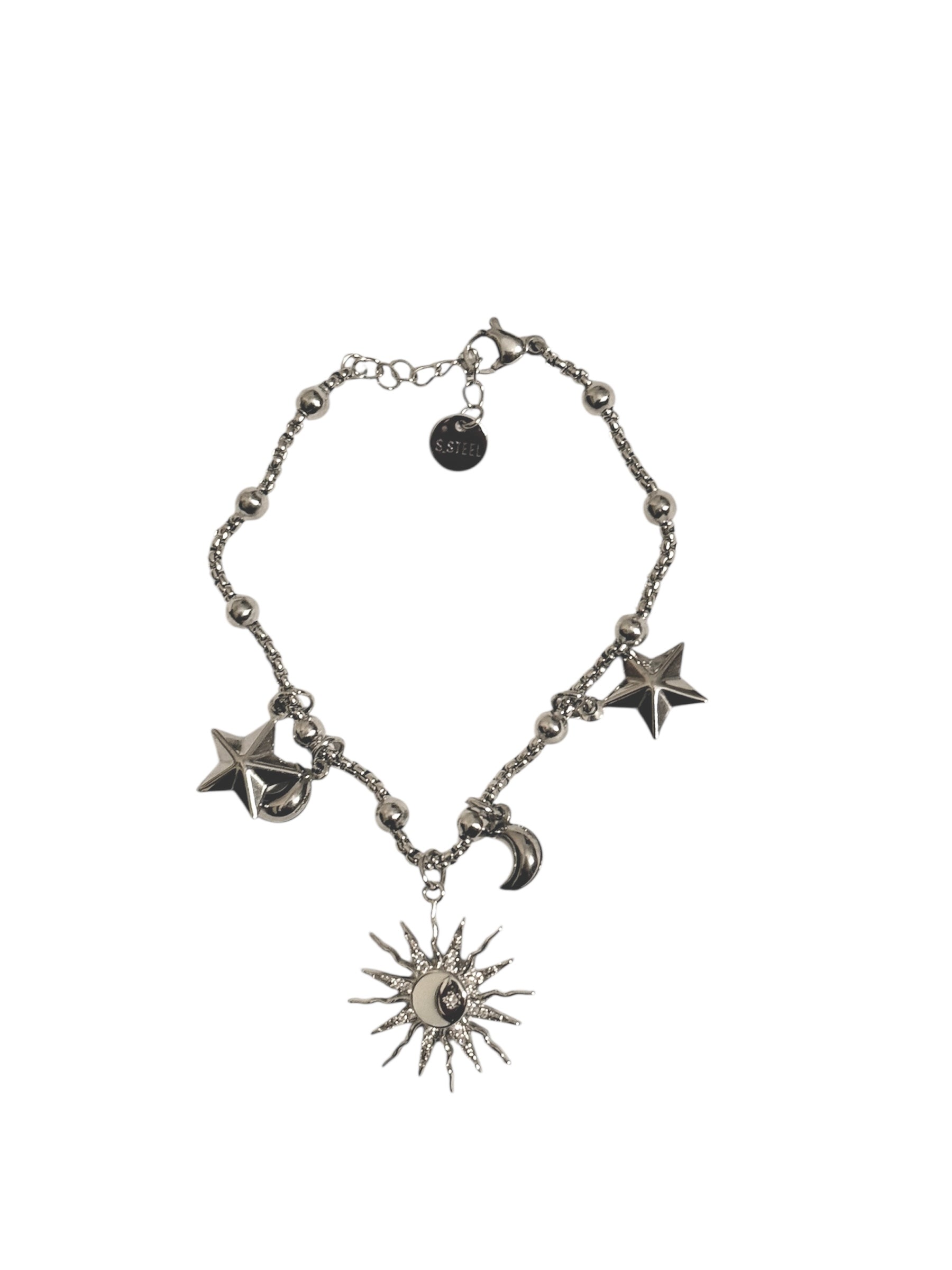 Bracciale Sonaglio Sole e Luna in Acciaio 316L con Charm Stelle e Luna per Accessori Eleganti