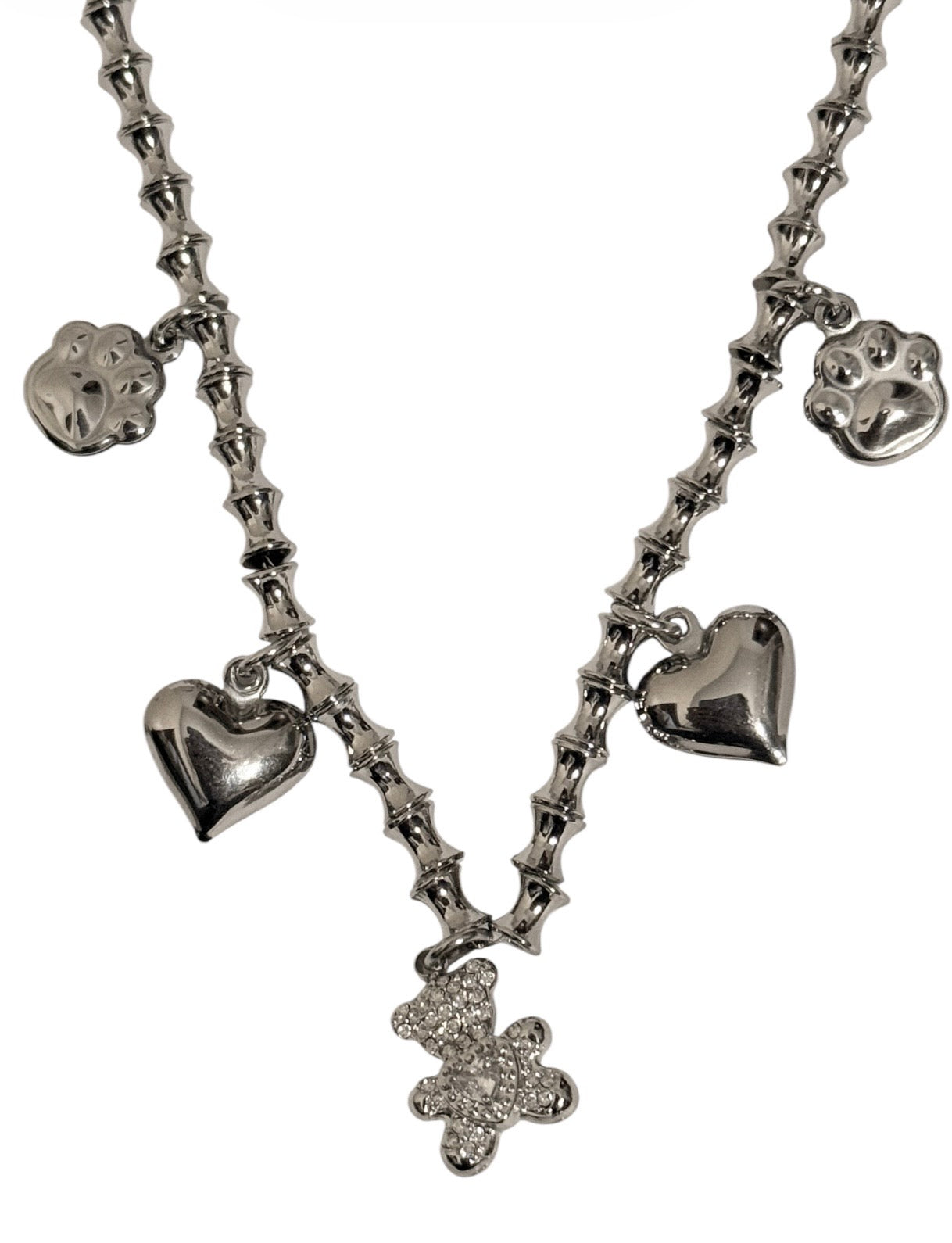Collana sonaglio Teddy con strass in acciaio 316l con cuori e farfalle eleganti e sofisticate