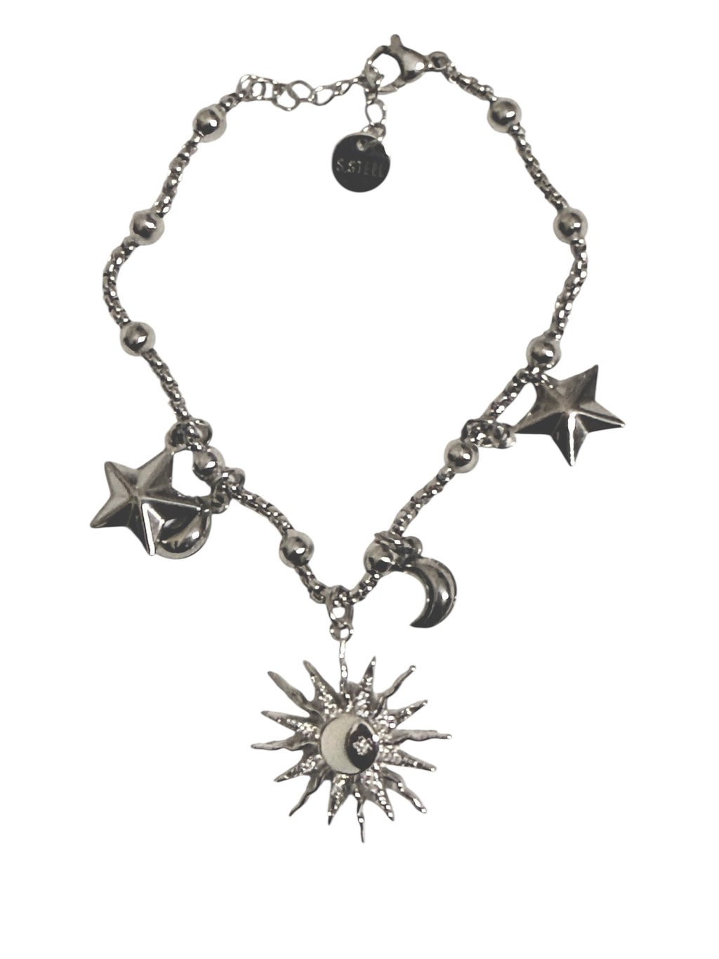 Bracciale Sonaglio Sole e Luna in Acciaio 316L con Charm Stelle e Luna per Accessori Eleganti