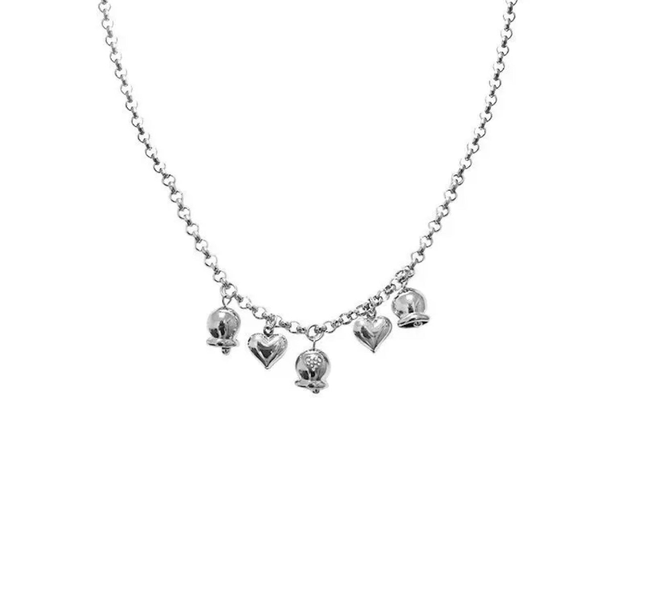 Collana sonaglio in acciaio con cuori e campanelline