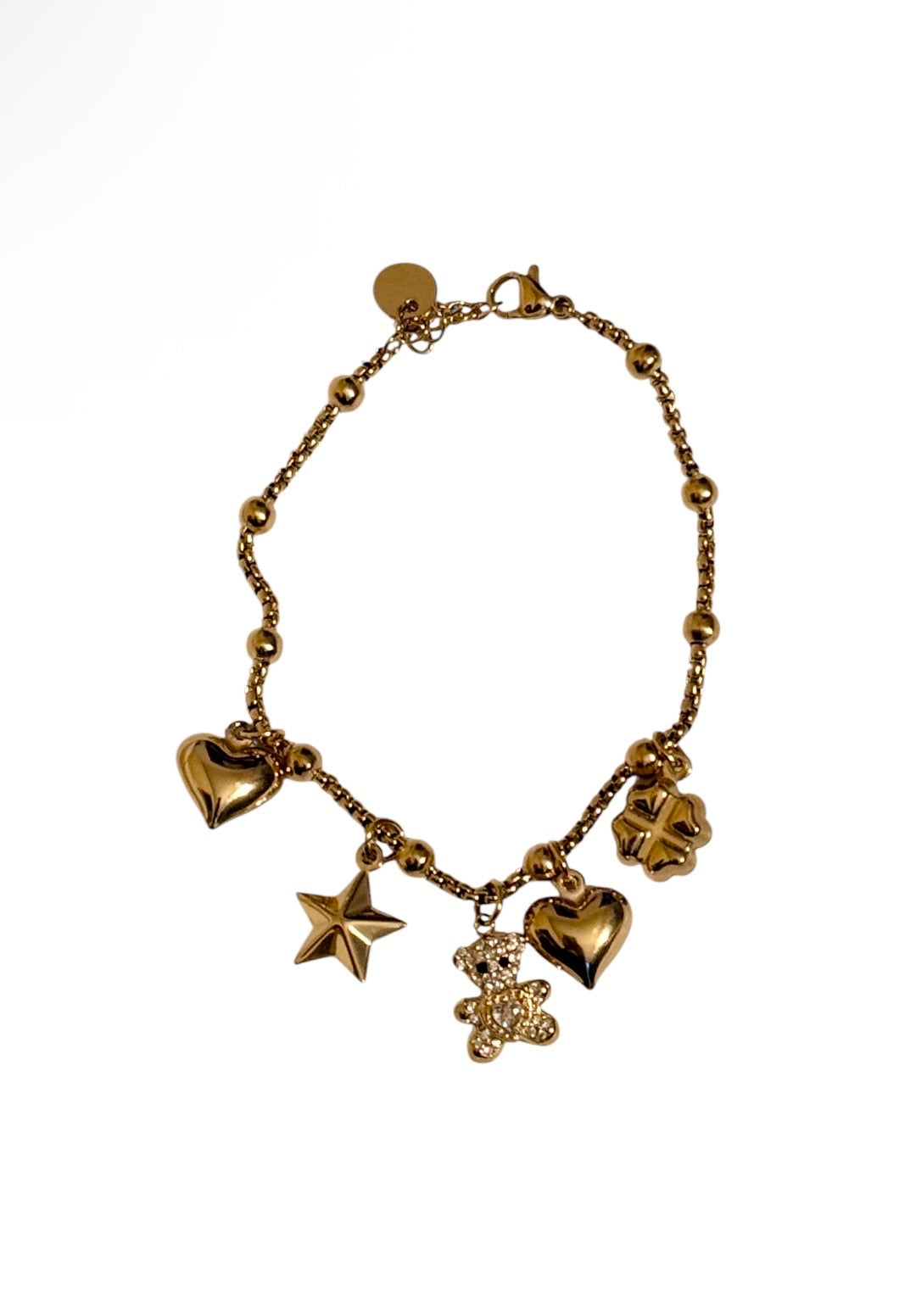 Bracciale Teddy sonaglio acciaio 316l con cuori e stella elegante e resistente