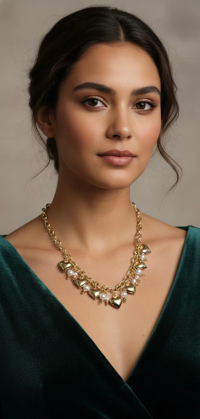 Collana sonaglio con cuori e perle in acciaio inox 316l